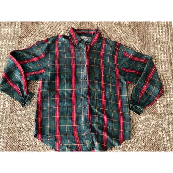 Vintage Jonathan Martin 100% Silk Blouse in red and Green plaid SZ Med - Picture 1 of 7